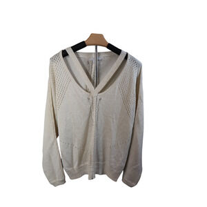 Jones New York Fisherman Sweater V-Neck Dolman Long Sleeve White Sparkle Sz M